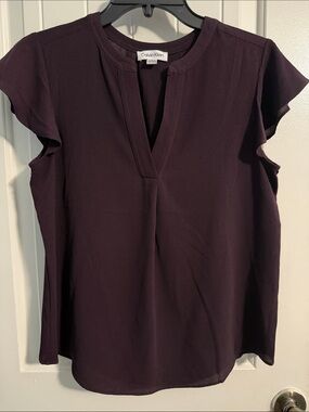 Calvin Klein Deep Plum V-Notch Flutter Sleeve Top
